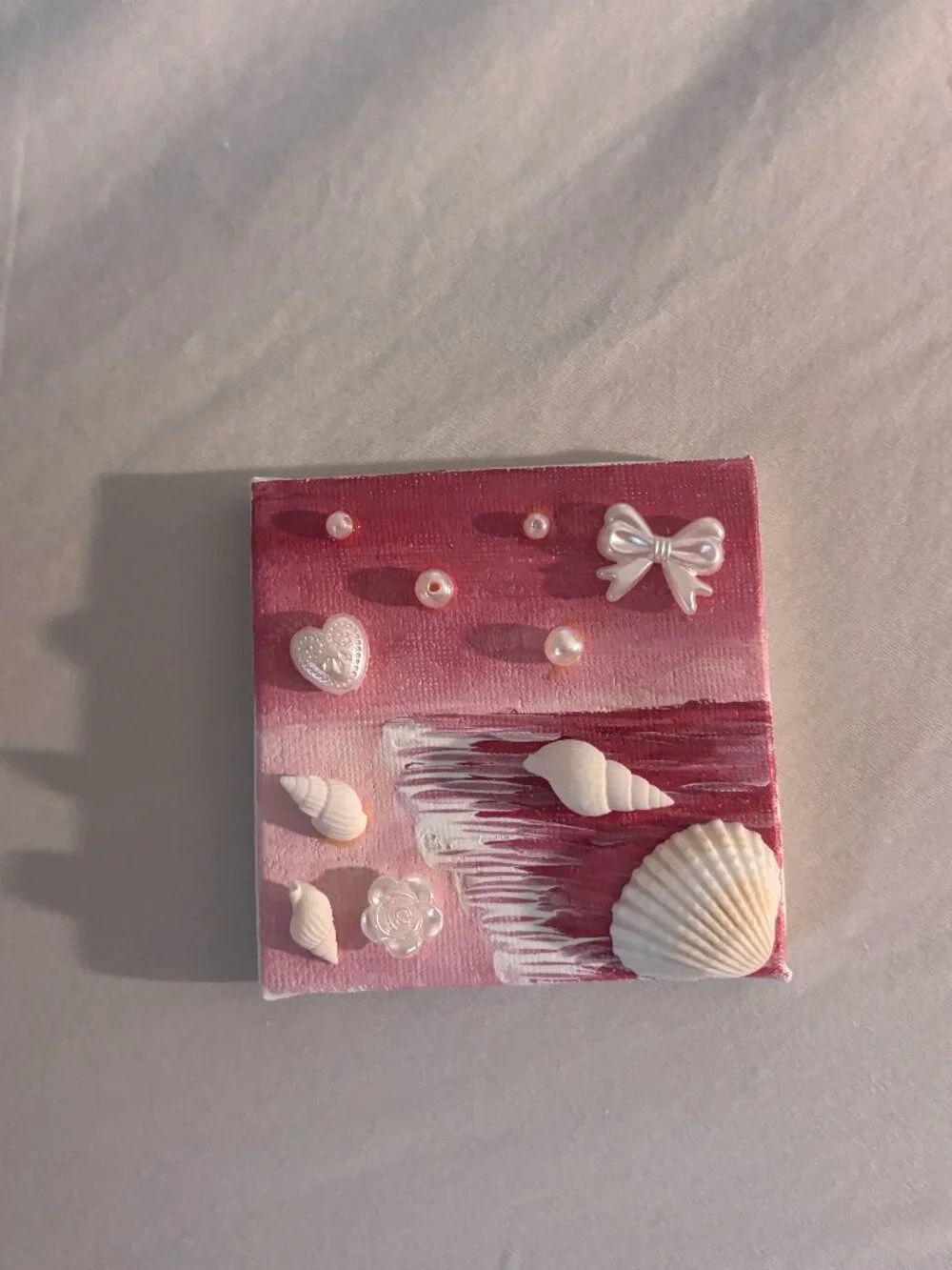 Original Mini Canvas Painting Pink Beach with Pearls and Shells